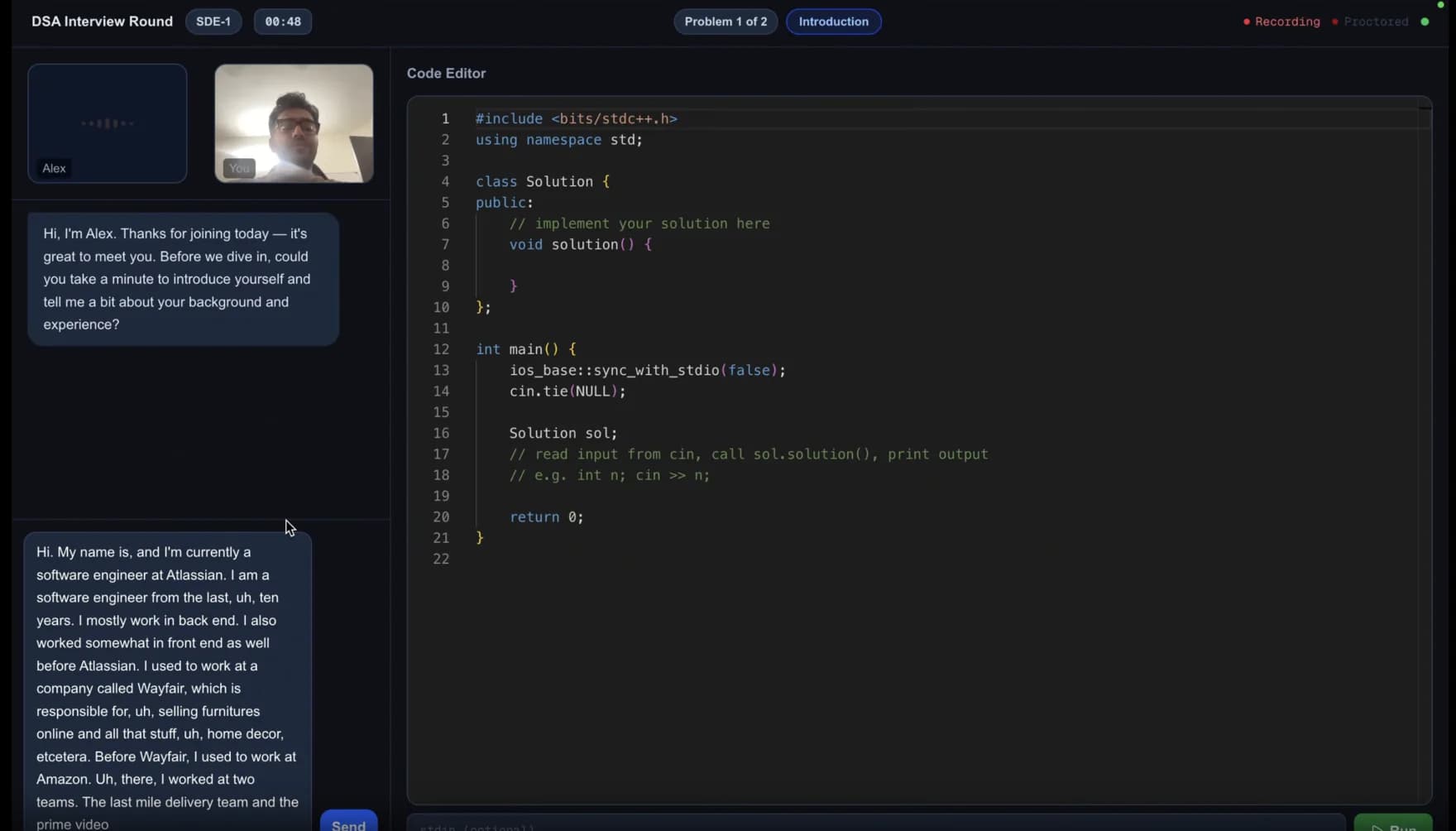 DSA interview introduction: Alex asks the candidate to introduce themselves while the code editor waits on the right.