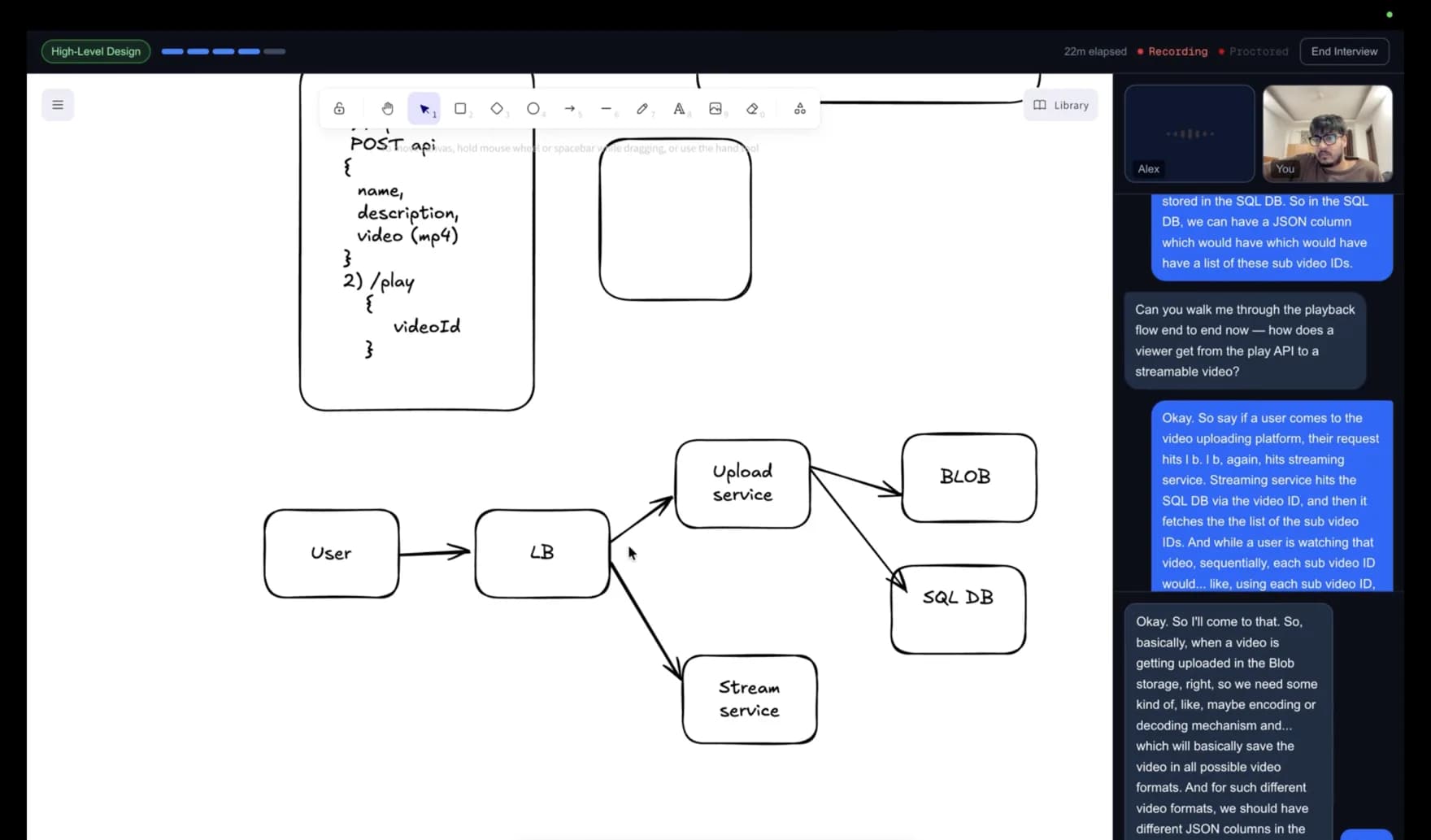System design interview at the high-level design stage: a whiteboard with upload and play API definitions and a diagram routing a user through a load balancer to upload and stream services, blob storage and a SQL database, while Alex asks the candidate to walk through the playback flow.